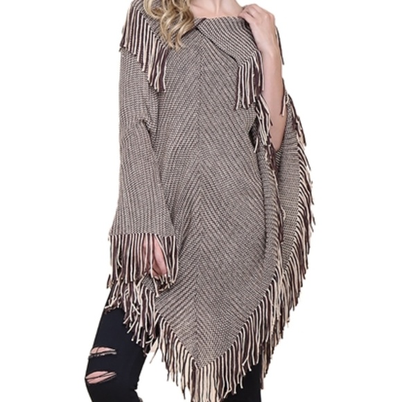 Sweaters - Knit Poncho with fringe